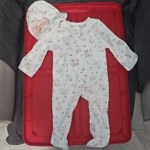 Shabby Chic White and Pink Floral Footies One Piece With Beanie